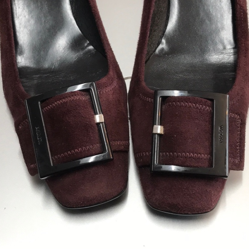 Prada Italy plum burgundy Suede Kitten Heels 37 IT pumps buckle vintage *read‎